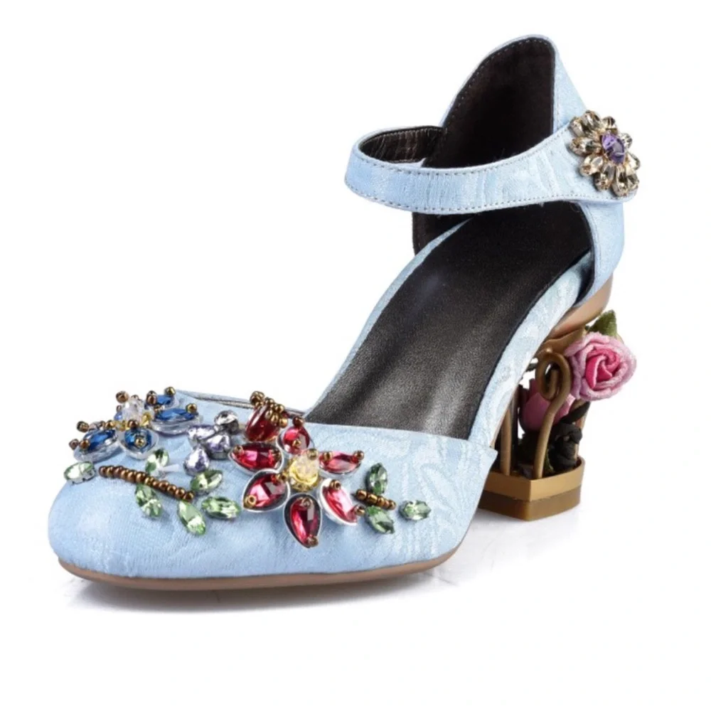 Handmade Blue Brocade Crystal Cage Shoes - Picture 10 of 10